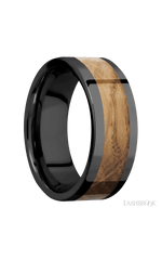 8 mm wide/Flat/Zirconium band with one 5 mm Centered inlay of Whiskey Barrel.