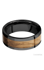 8 mm wide/Flat/Zirconium band with one 5 mm Centered inlay of Whiskey Barrel.