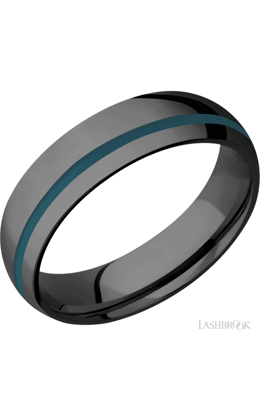 6 mm wide/Domed/Zirconium band with one 1 mm Off Center inlay of Ridgeway Blue.