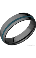 6 mm wide/Domed/Zirconium band with one 1 mm Off Center inlay of Ridgeway Blue.