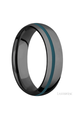 6 mm wide/Domed/Zirconium band with one 1 mm Off Center inlay of Ridgeway Blue.