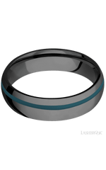 6 mm wide/Domed/Zirconium band with one 1 mm Off Center inlay of Ridgeway Blue.