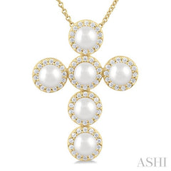 ASHI Cross Pearl & Halo Diamond Fashion Pendant 56375PPFGPDWPYG