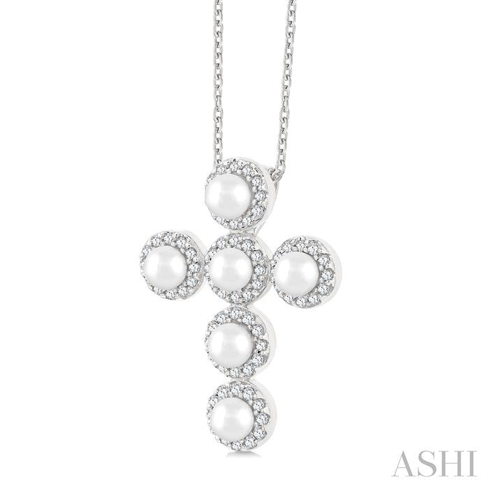 ASHI Cross Pearl & Halo Diamond Fashion Pendant 56376PPFGPDWPWG