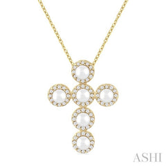ASHI Cross Pearl & Halo Diamond Fashion Pendant 56376PPFGPDWPYG