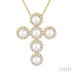 ASHI Cross Pearl & Halo Diamond Fashion Pendant 56376PPFGPDWPYG