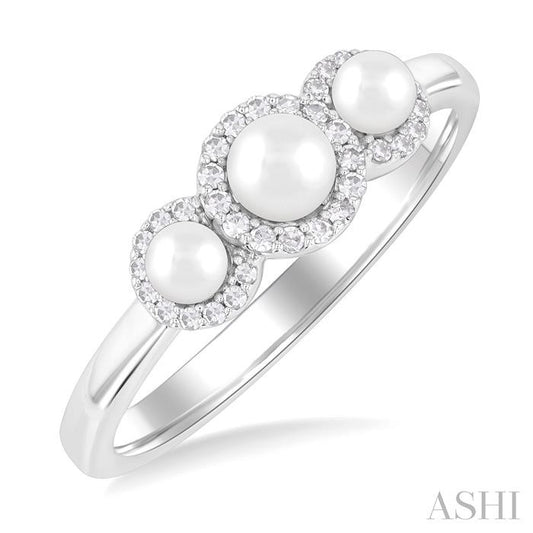 ASHI Round Shape Past Present & Future Pearl & Halo Diamond Ring 56498PPFGWPWG