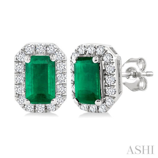 ASHI Emerald Shape Gemstone & Halo Diamond Earrings 58698PPFSEREMWG-OC