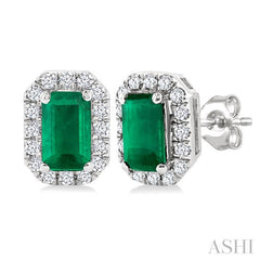 ASHI Emerald Shape Gemstone & Halo Diamond Earrings 58698PPFSEREMWG-OC
