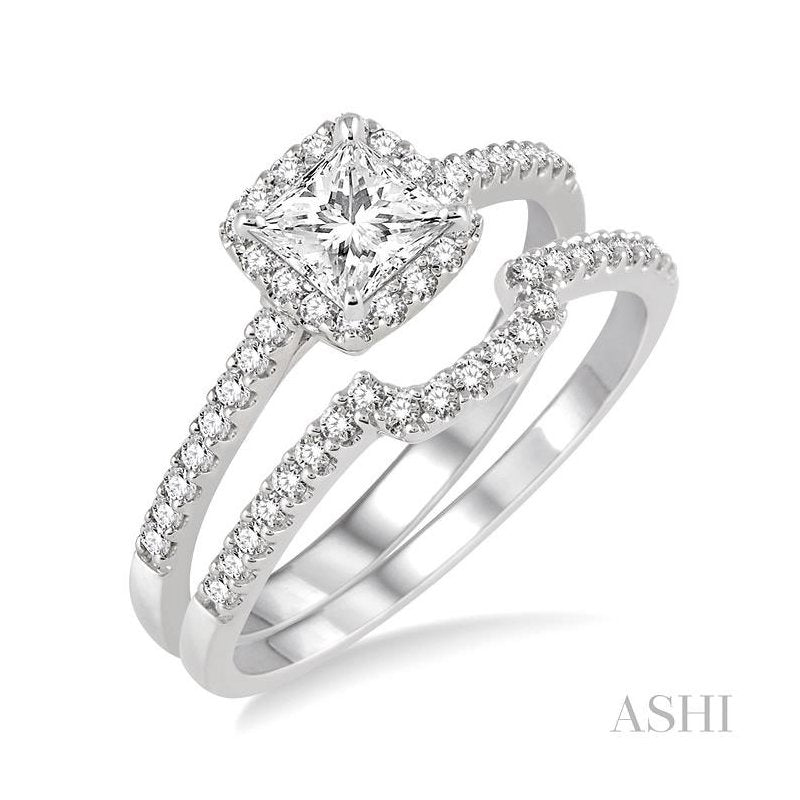 ASHI Princess Shape Halo Diamond Wedding Set 28343PPFHWG-WS