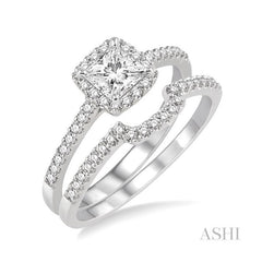 ASHI Princess Shape Halo Diamond Wedding Set 28343PPFHWG-WS