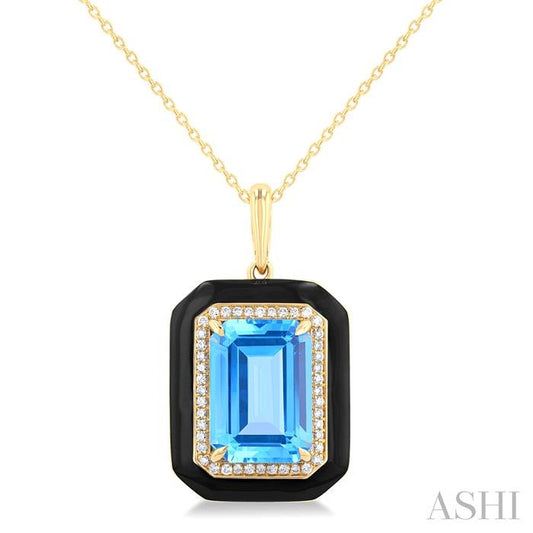 ASHI Emerald Shape Paperclip Black Enamel Gemstone & Halo Diamond Pendant 60397PPFHPDBTBLYG