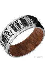 9 mm wide/Flat Grooved Edges/Cobalt Chrome band with a laser carved Aspen pattern also featuring a Leopard Wood sleeve.