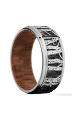 9 mm wide/Flat Grooved Edges/Cobalt Chrome band with a laser carved Aspen pattern also featuring a Leopard Wood sleeve.