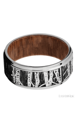 9 mm wide/Flat Grooved Edges/Cobalt Chrome band with a laser carved Aspen pattern also featuring a Leopard Wood sleeve.