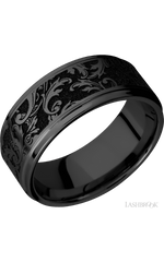 9 mm wide/Flat Grooved Edges/Zirconium band with a laser carved Black Leaf pattern.