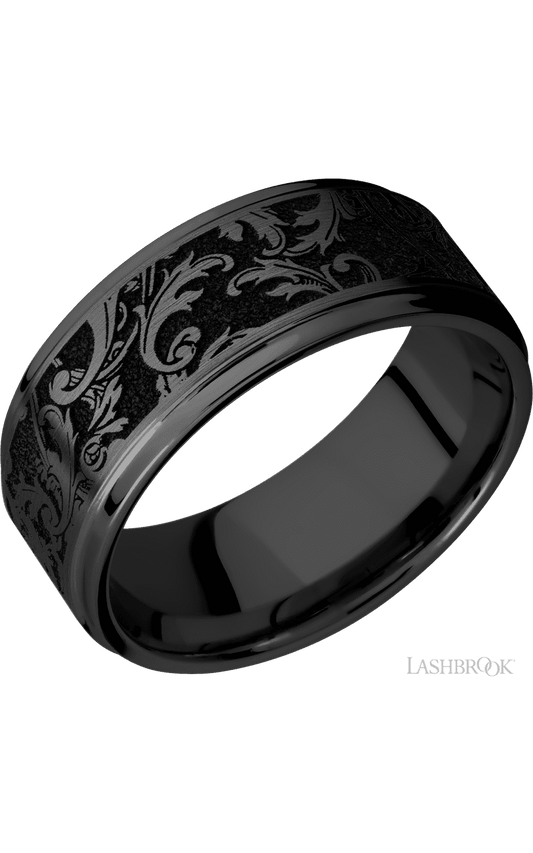 9 mm wide/Flat Grooved Edges/Zirconium band with a laser carved Black Leaf pattern.