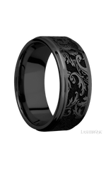 9 mm wide/Flat Grooved Edges/Zirconium band with a laser carved Black Leaf pattern.