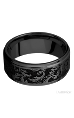 9 mm wide/Flat Grooved Edges/Zirconium band with a laser carved Black Leaf pattern.