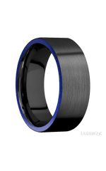 8 mm wide/Flat/Zirconium band with two 1 mm Side inlays of Lapis.