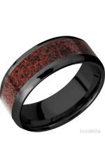 8 mm wide/Beveled/Zirconium band with one 5 mm Centered inlay of Dinosaur Bone Red.