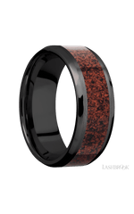 8 mm wide/Beveled/Zirconium band with one 5 mm Centered inlay of Dinosaur Bone Red.