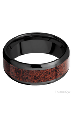 8 mm wide/Beveled/Zirconium band with one 5 mm Centered inlay of Dinosaur Bone Red.