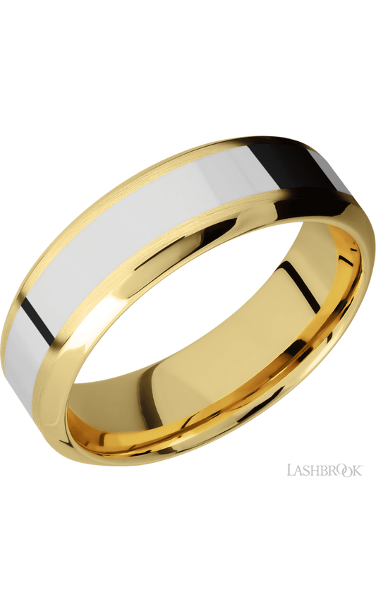 7 mm wide/High Bevel/14K Yellow Gold band with one 3 mm Centered inlay of 14K White Gold.