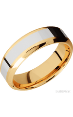 7 mm wide/High Bevel/14K Yellow Gold band with one 3 mm Centered inlay of 14K White Gold.
