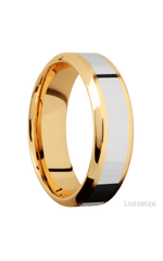 7 mm wide/High Bevel/14K Yellow Gold band with one 3 mm Centered inlay of 14K White Gold.