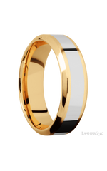 7 mm wide/High Bevel/14K Yellow Gold band with one 3 mm Centered inlay of 14K White Gold.