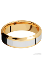 7 mm wide/High Bevel/14K Yellow Gold band with one 3 mm Centered inlay of 14K White Gold.