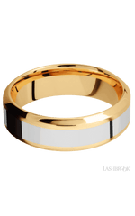 7 mm wide/High Bevel/14K Yellow Gold band with one 3 mm Centered inlay of 14K White Gold.