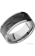 9 mm wide/Flat/Titanium band with one 7 mm Centered inlay of Forged Carbon Fiber.