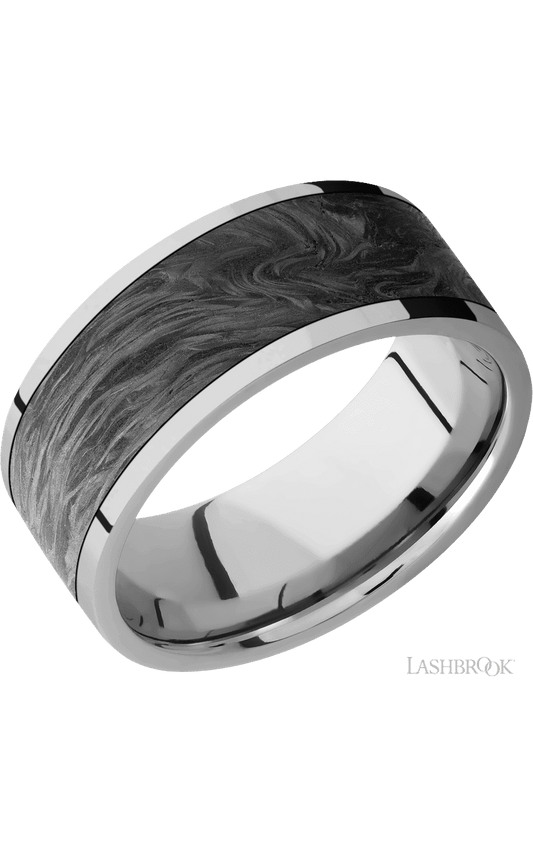 9 mm wide/Flat/Titanium band with one 7 mm Centered inlay of Forged Carbon Fiber.