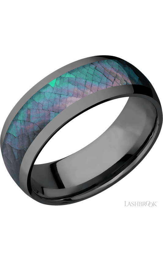 8 mm wide/Domed/Zirconium band with one 5 mm Centered inlay of Black Mother of Pearl.