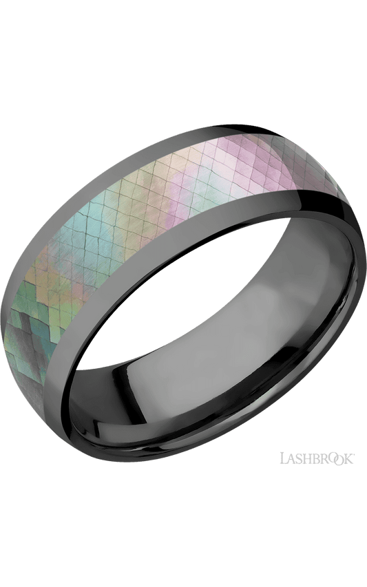 8 mm wide/Domed/Zirconium band with one 5 mm Centered inlay of Black Mother of Pearl.