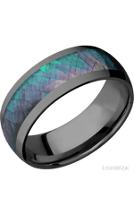 8 mm wide/Domed/Zirconium band with one 5 mm Centered inlay of Black Mother of Pearl.