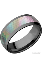 8 mm wide/Domed/Zirconium band with one 5 mm Centered inlay of Black Mother of Pearl.