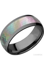 8 mm wide/Domed/Zirconium band with one 5 mm Centered inlay of Black Mother of Pearl.
