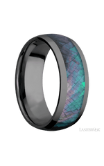 8 mm wide/Domed/Zirconium band with one 5 mm Centered inlay of Black Mother of Pearl.