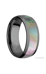 8 mm wide/Domed/Zirconium band with one 5 mm Centered inlay of Black Mother of Pearl.