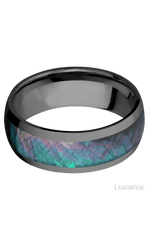 8 mm wide/Domed/Zirconium band with one 5 mm Centered inlay of Black Mother of Pearl.