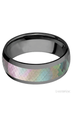 8 mm wide/Domed/Zirconium band with one 5 mm Centered inlay of Black Mother of Pearl.