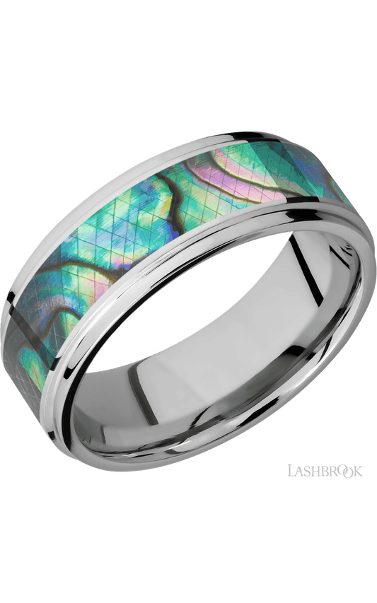 8 mm wide/Flat Grooved Edges/Cobalt Chrome band with one 5 mm Centered inlay of Abalone.