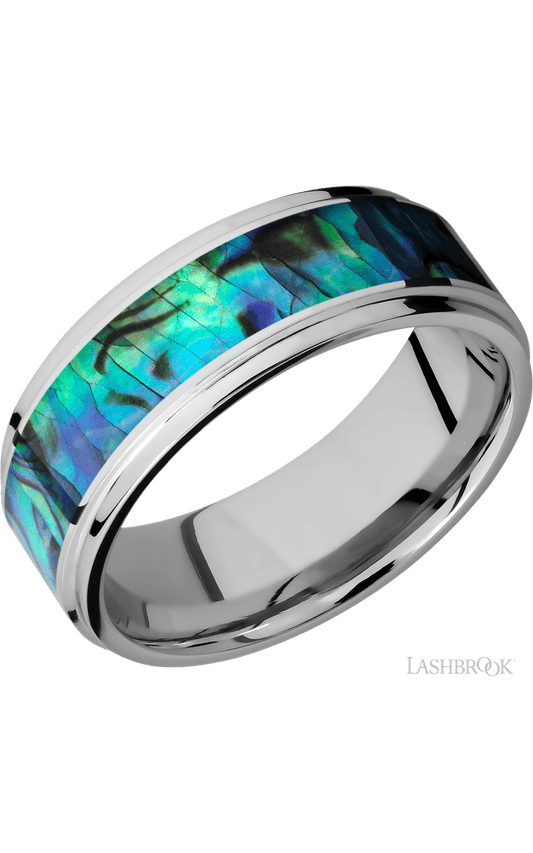 8 mm wide/Flat Grooved Edges/Cobalt Chrome band with one 5 mm Centered inlay of Abalone.