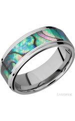 8 mm wide/Flat Grooved Edges/Cobalt Chrome band with one 5 mm Centered inlay of Abalone.