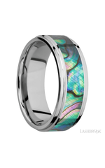 8 mm wide/Flat Grooved Edges/Cobalt Chrome band with one 5 mm Centered inlay of Abalone.