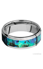 8 mm wide/Flat Grooved Edges/Cobalt Chrome band with one 5 mm Centered inlay of Abalone.
