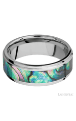 8 mm wide/Flat Grooved Edges/Cobalt Chrome band with one 5 mm Centered inlay of Abalone.